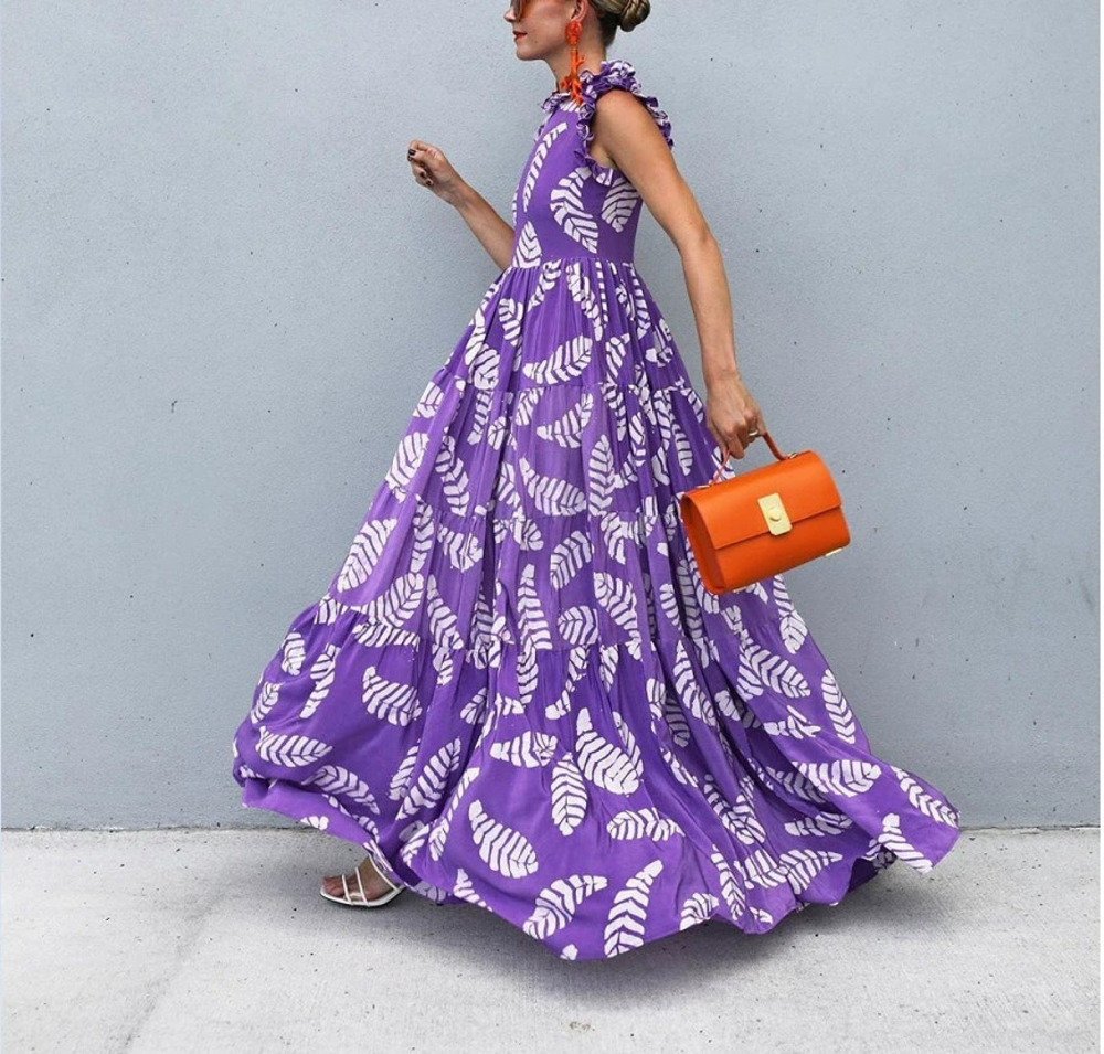 ZARA New Summer Printed Sleeveless Waist Cinch Flared Strappy Maxi Dress